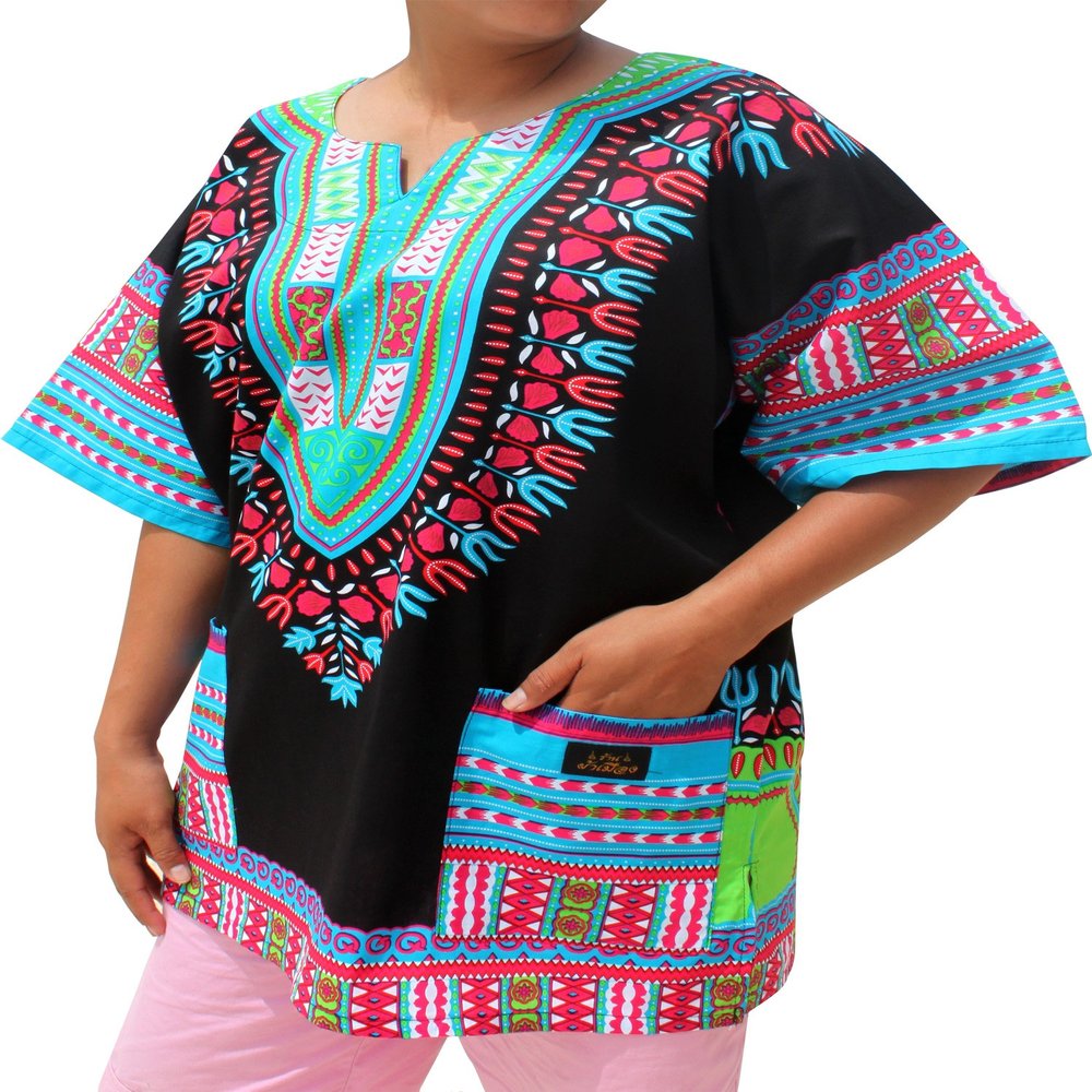 RaanPahMuang Unisex African Dashiki Kaftan Shirt XS - 7XL, 4X-Large, New Black Light Blue