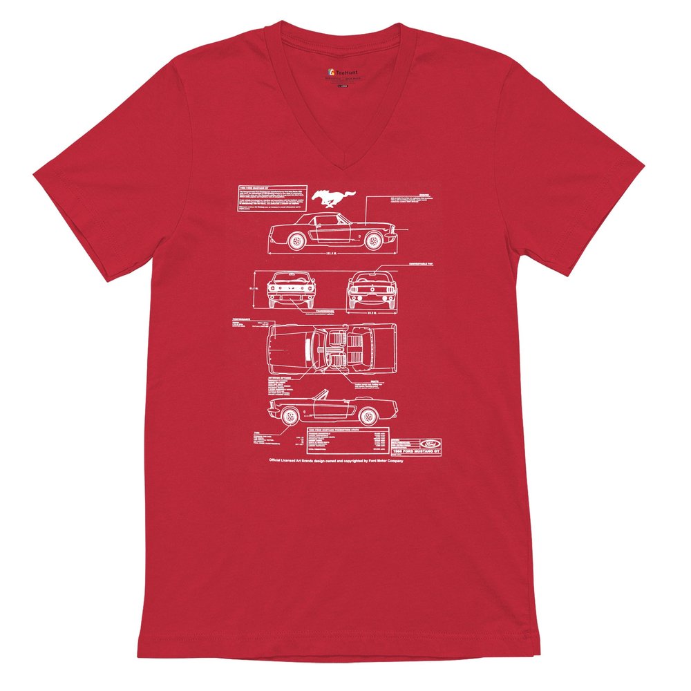 1966 Ford Mustang GT Blueprint V-Neck T-Shirt American Classic Men's Novelty Red XX-Large