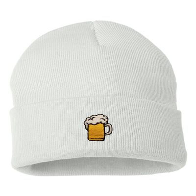 Go All Out One Size White Cuffed Beer Mug Embroidered Cuffed Knit Beanie Cap