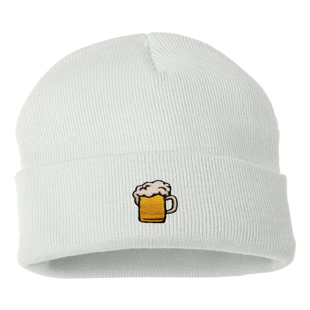 Go All Out One Size White Cuffed Beer Mug Embroidered Cuffed Knit Beanie Cap