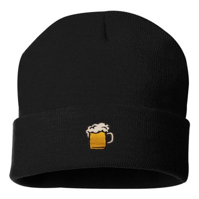 Go All Out One Size Black Cuffed Beer Mug Embroidered Cuffed Knit Beanie Cap