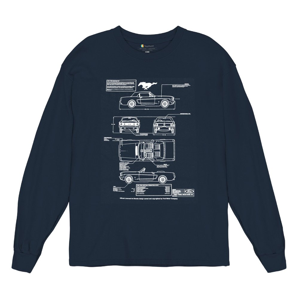 1966 Ford Mustang GT Blueprint Long Sleeve Novelty T-Shirt American Classic Navy Blue 3X-Large