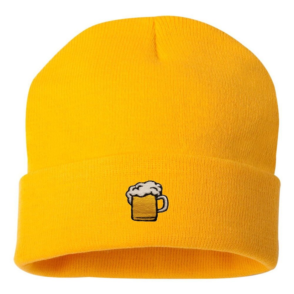 Go All Out One Size Gold Cuffed Beer Mug Embroidered Cuffed Knit Beanie Cap