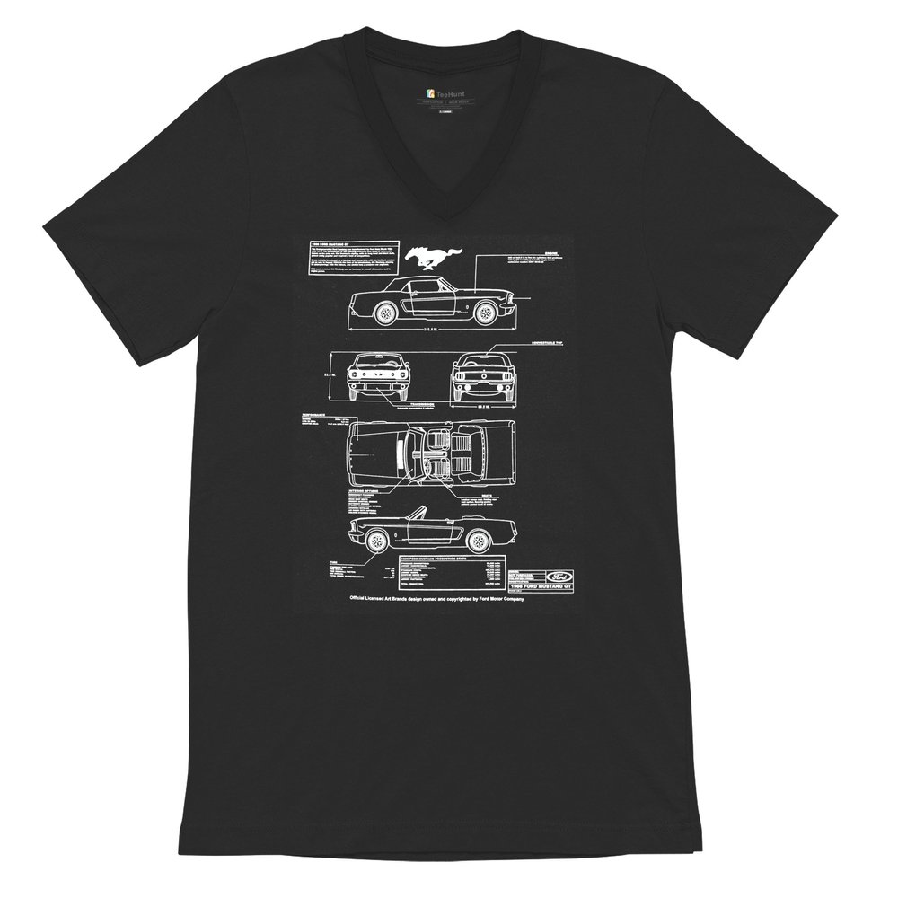 1966 Ford Mustang GT Blueprint V-Neck T-Shirt American Classic Men's Novelty Black Small