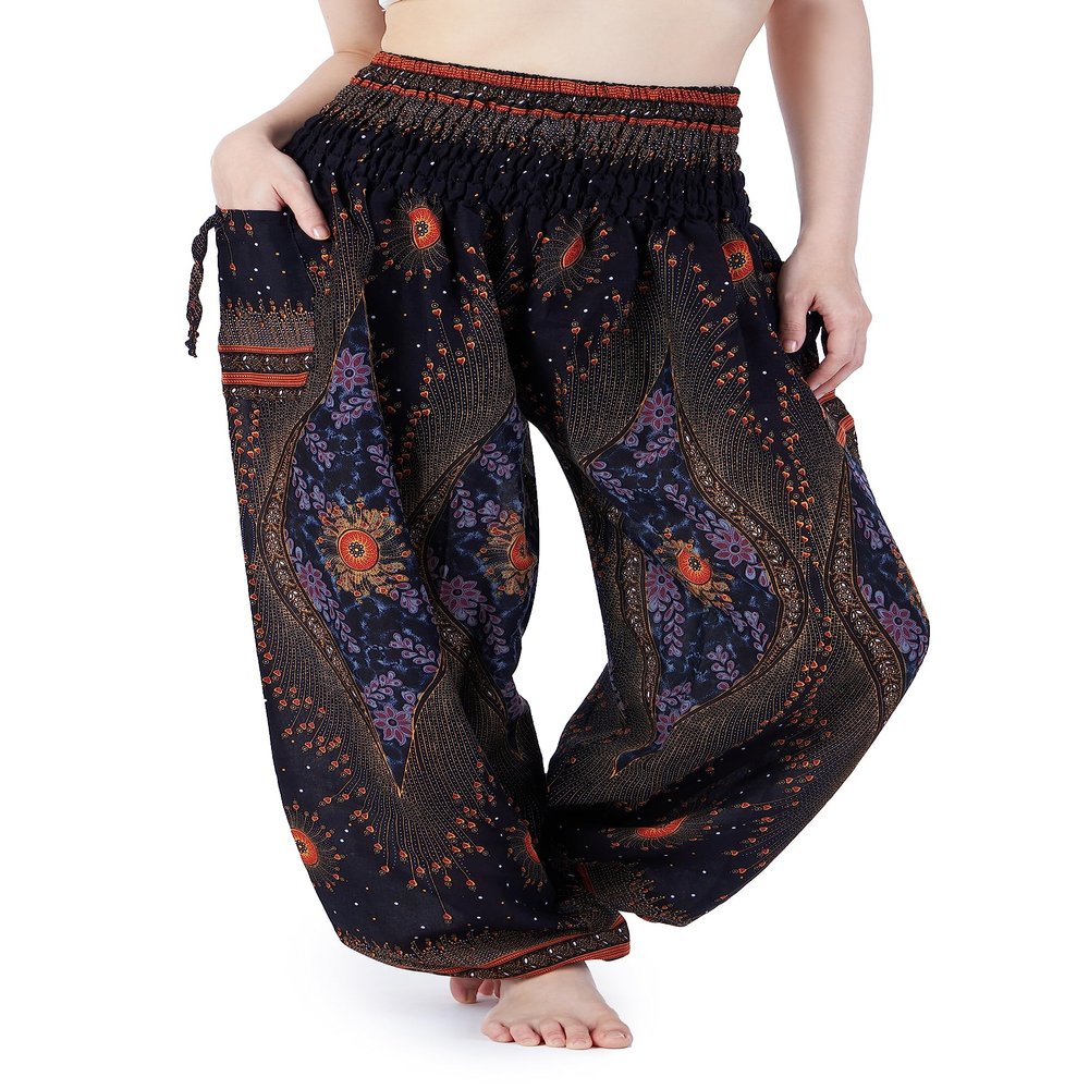 Lannaclothesdesign Women's Smocked Waist Boho Flowy Yoga Harem Pants Hippie Clothes (XXL, Black)