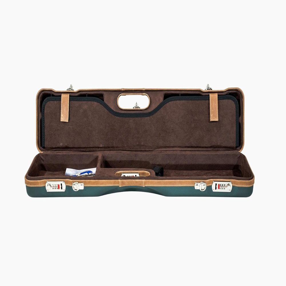 Negrini 16405 Ultra-Compact Over-Under and Side-by-Side Shotgun Hard Case  Lightweight Upland Hunting Gun Case with Locks, Green/Cognac