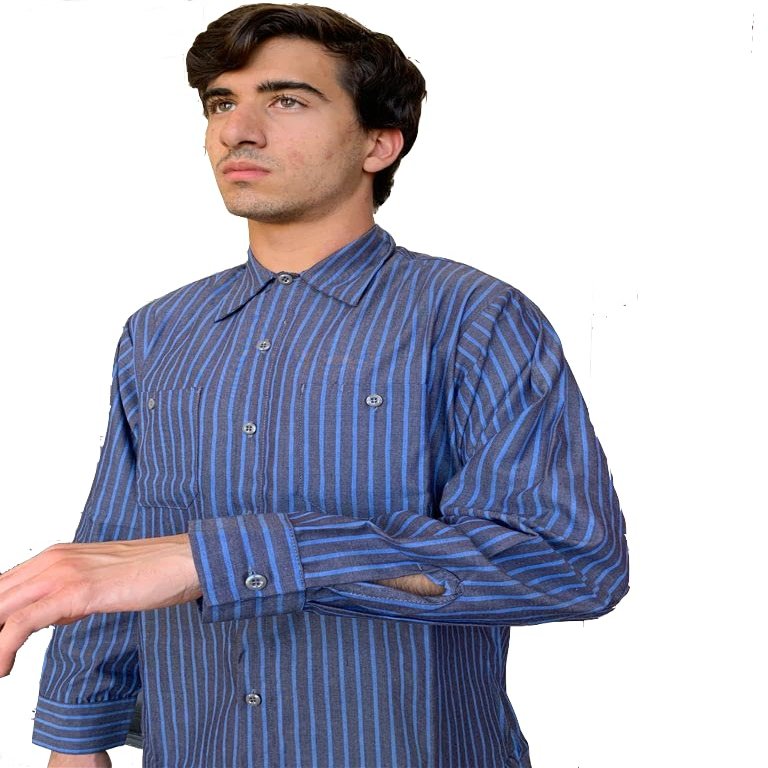 BCO Men's Charcoal with Blue Stripe Long Sleeve Industrial Auto Work Uniform Shirt, 65% Polyester, 35% Cotton (Medium)