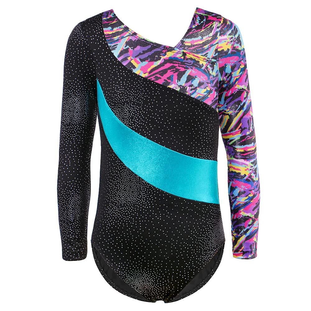 HOZIY Leotards for Girls Gymnastics Long Sleeve 5t 5-6 Colorful Ribbons Blue Stripe