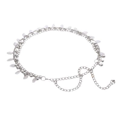 Adela Boutique Women Ladies Elegant Waistband Chain Fashion Thin Metal Hollow Out Leaves Pendant Waist Belt (Silver)