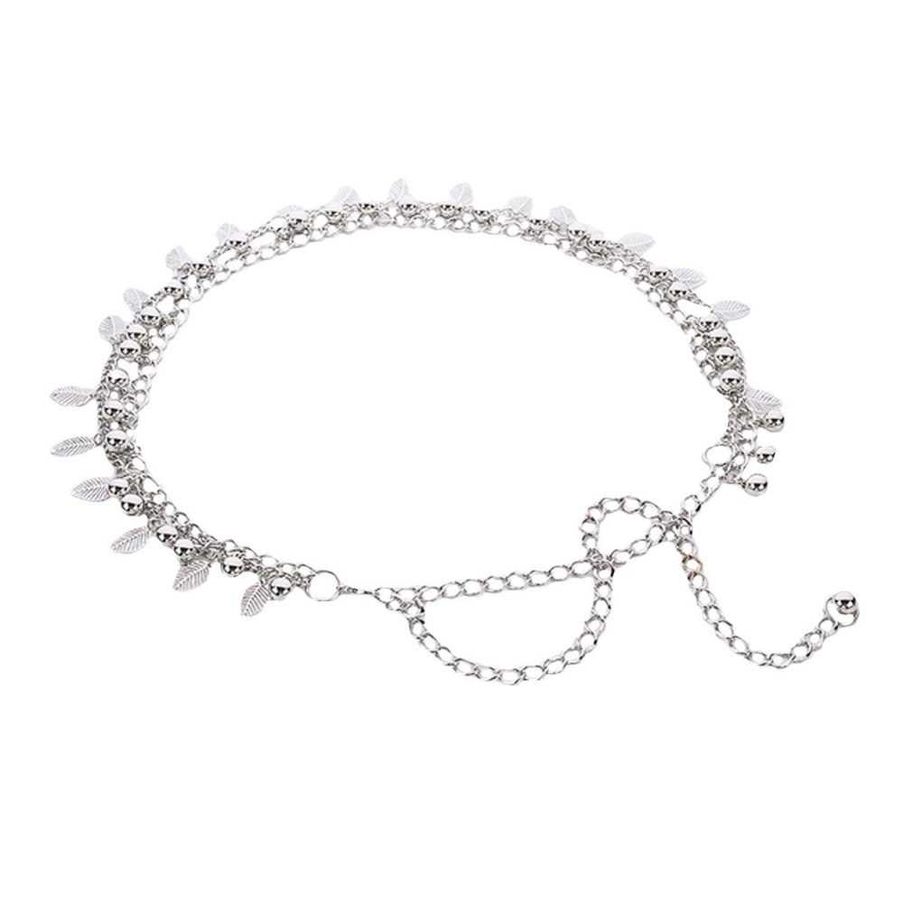 Adela Boutique Women Ladies Elegant Waistband Chain Fashion Thin Metal Hollow Out Leaves Pendant Waist Belt (Silver)