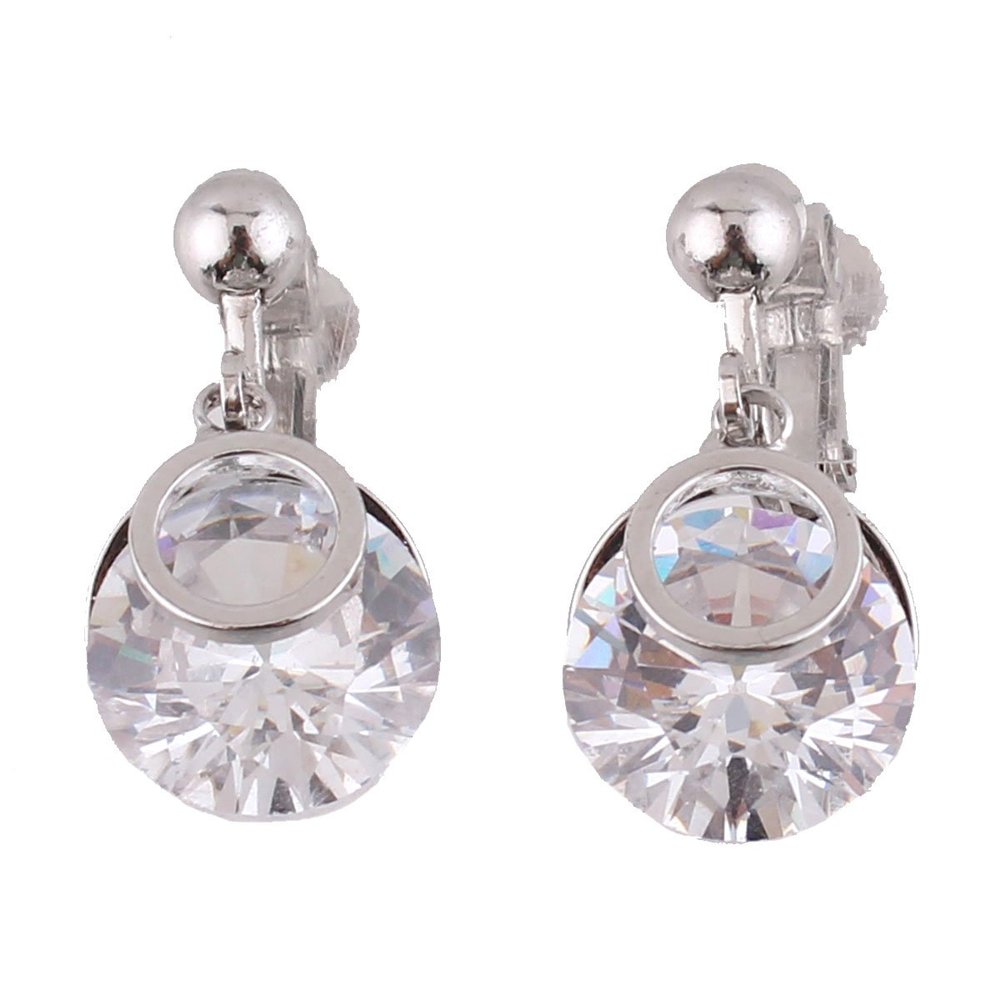 Grace Jun Luxury Bridal AAA CZ Round Shape Clip on Earrings Without Piercing for Gril's Ear Clip(Platinum Clip-on)