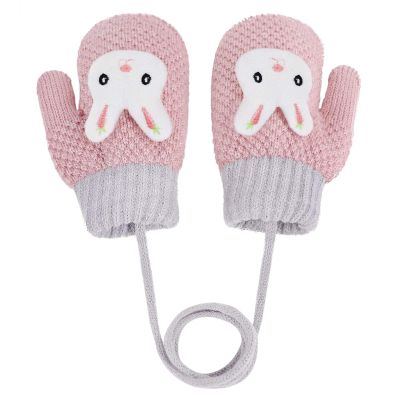 FakeFace Toddler Kids Winter Warm Full Finger Mittens with String Baby Girls Boys Thick Fleece Lining Ski Gloves Gift (Pink Rabbit Mittens)