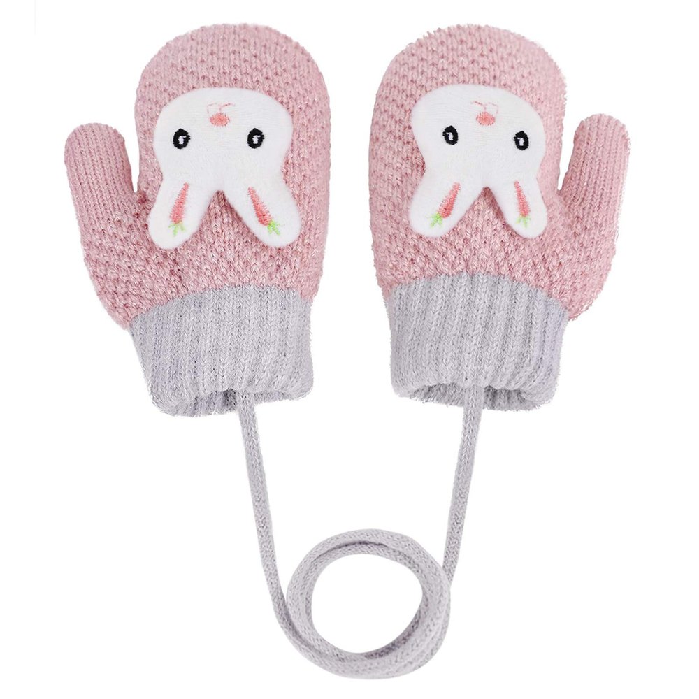FakeFace Toddler Kids Winter Warm Full Finger Mittens with String Baby Girls Boys Thick Fleece Lining Ski Gloves Gift (Pink Rabbit Mittens)