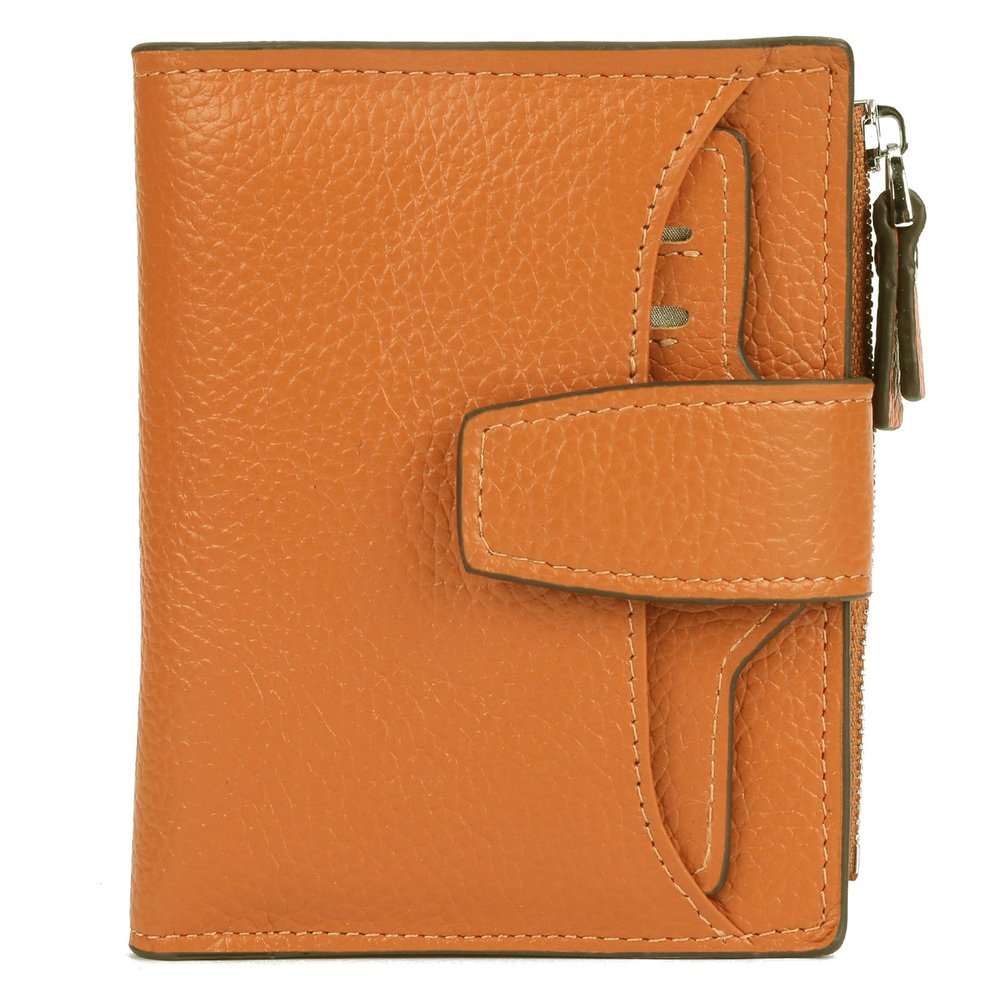 AINIMOER Women's RFID Blocking Leather Small Compact Bi-fold Zipper Pocket Wallet Card Case Purse with id Window (Lichee Orange)