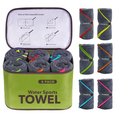 4Monster 6 Pack Microfiber Camping Towel Quick Dry, Super Absorbent Travel Towel with Waterproof Bag, Lightweight Boat Towel for RV, Sport, Gym, Beach, Pool,Swim, Family Trip