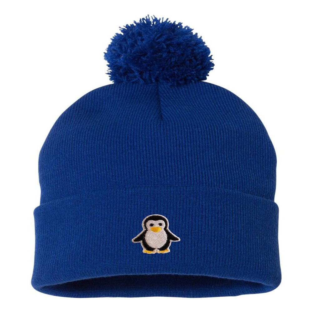 One Size Royal Pom Penguin Embroidered Knit Beanie Pom Cap