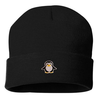 Go All Out One Size Black Cuffed Penguin Embroidered Cuffed Knit Beanie Cap
