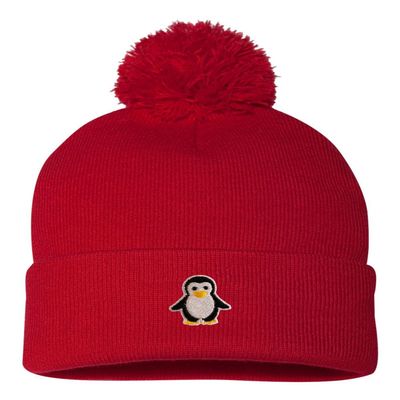 One Size Red Pom Penguin Embroidered Knit Beanie Pom Cap
