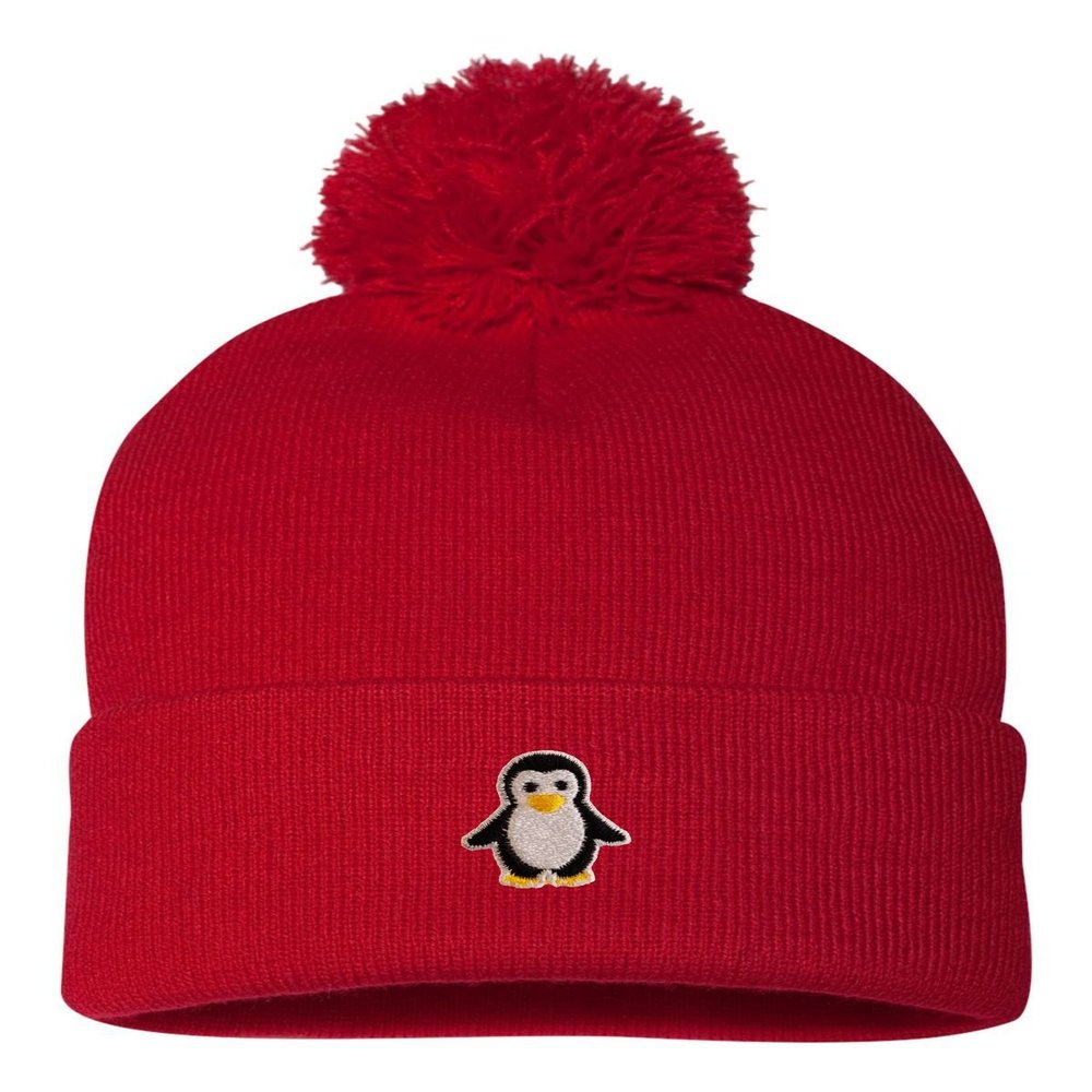 One Size Red Pom Penguin Embroidered Knit Beanie Pom Cap
