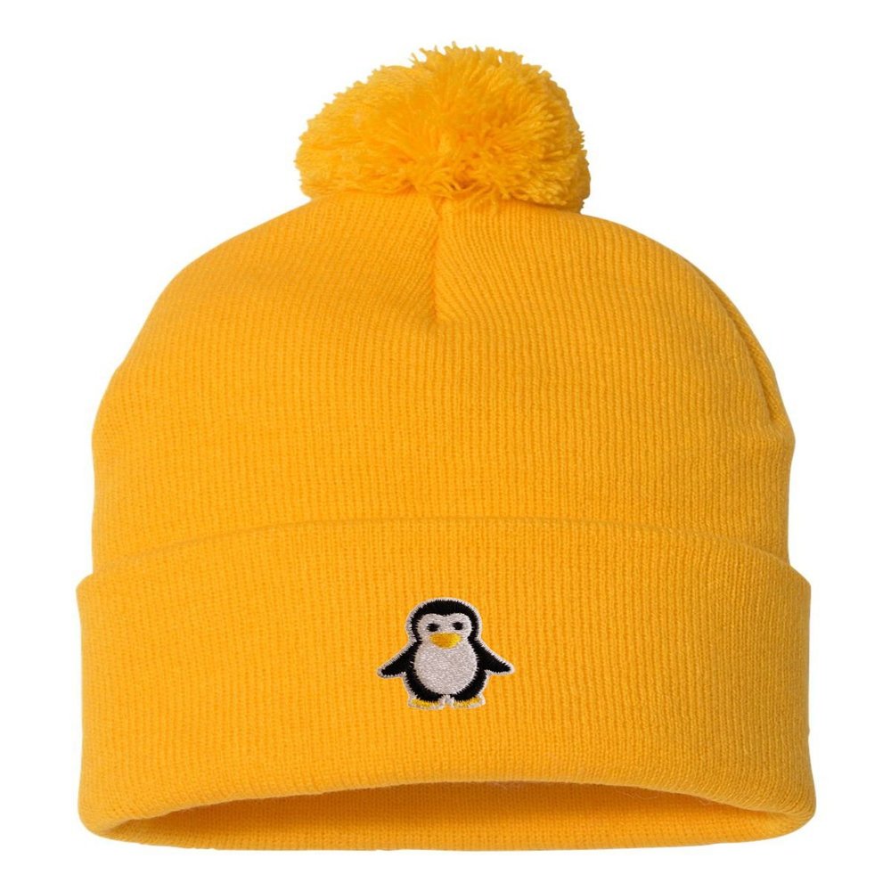 Go All Out One Size Gold Pom Penguin Embroidered Knit Beanie Pom Cap