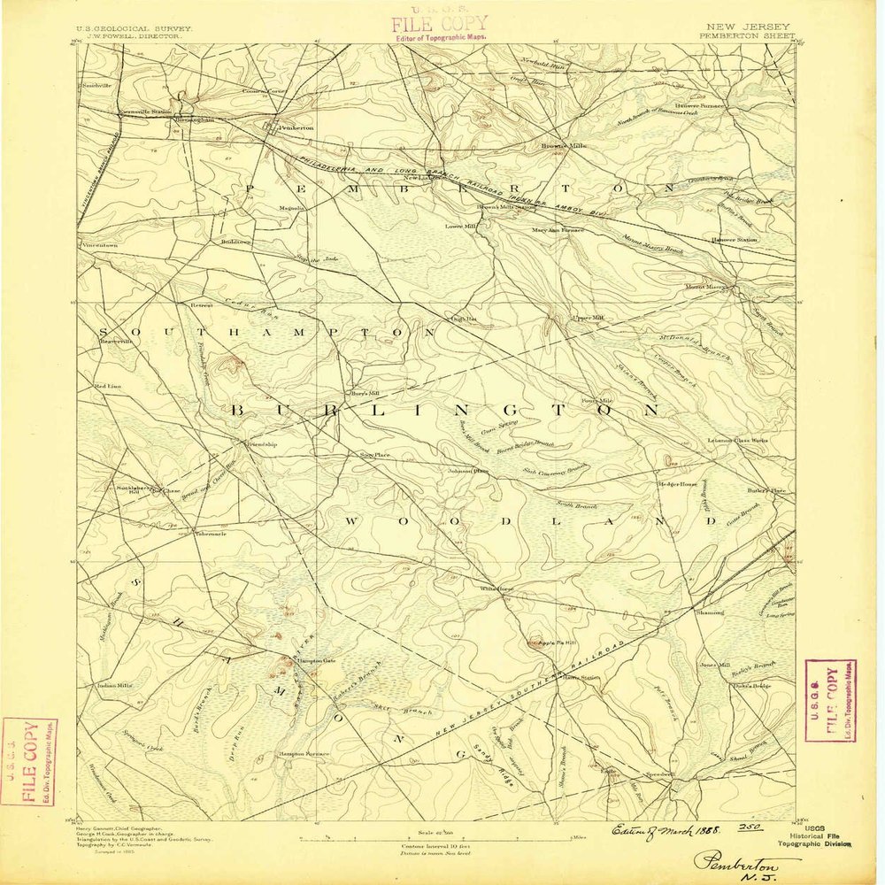 YellowMaps Pemberton NJ topo map, 1:62500 Scale, 15 X 15 Minute, Historical, 1888, Updated 1888, 19.9 x 16.6 in - Tyvek