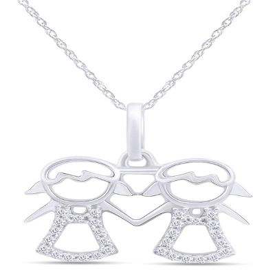 AFFY Adorable Two Twins Family Pendant Necklace in 14k White Gold Over Sterling Silver