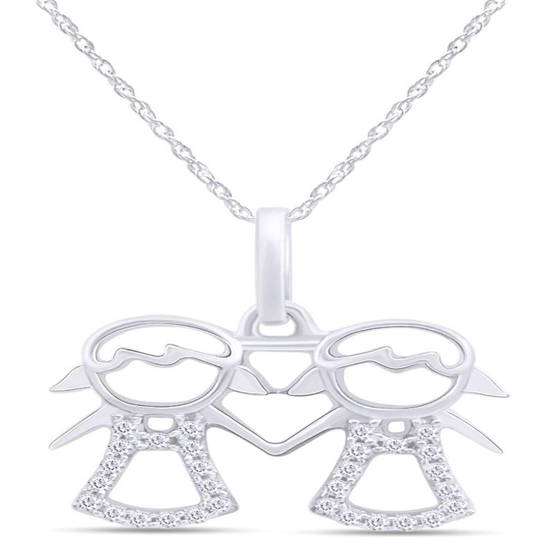 AFFY Adorable Two Twins Family Pendant Necklace in 14k White Gold Over Sterling Silver