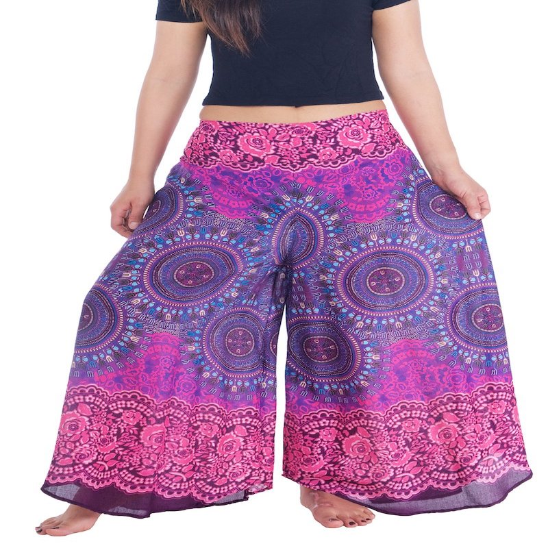 Lannaclothesdesign Palazzo Pants for Women Wide Leg Boho Harem Yoga Pants S M L XL Sizes (XL, Purple Rose Circle, Length 36 inches)