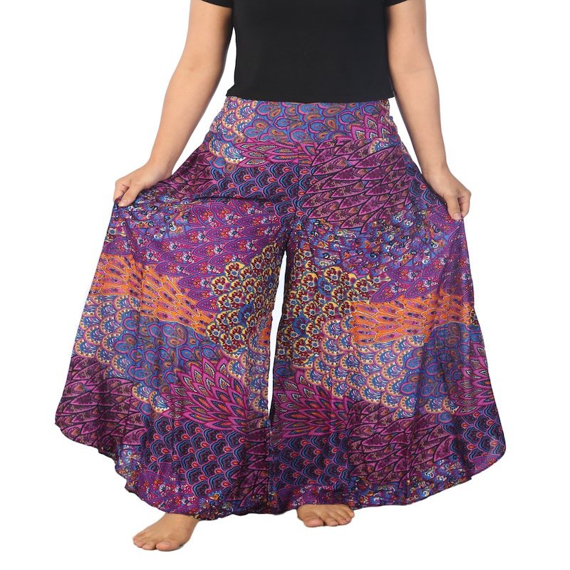 Lannaclothesdesign Palazzo Pants for Women Wide Leg Boho Harem Yoga Pants S M L XL Sizes (XL, Purple Colorful Peacock, Length 36 inches)