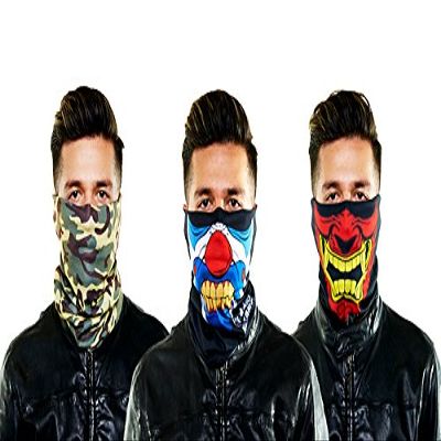 Seamless Outdoor Face/Ski Mask Bandanna. Breathable, Dust Proof - Great for Skiing, Snowboarding, Motorcycle, Bicycle, Running, Camping, Hiking (3 PACK, Angry Clown, Army, Warchild)