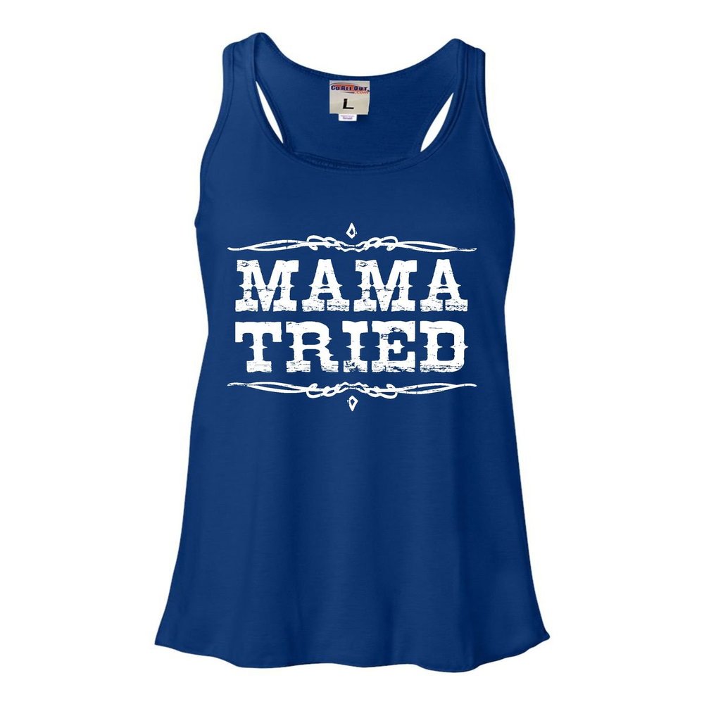 Go All Out X-Large Royal Womens Mama Tried Retro Country Music Flowy Racerback Tank Top T-Shirt