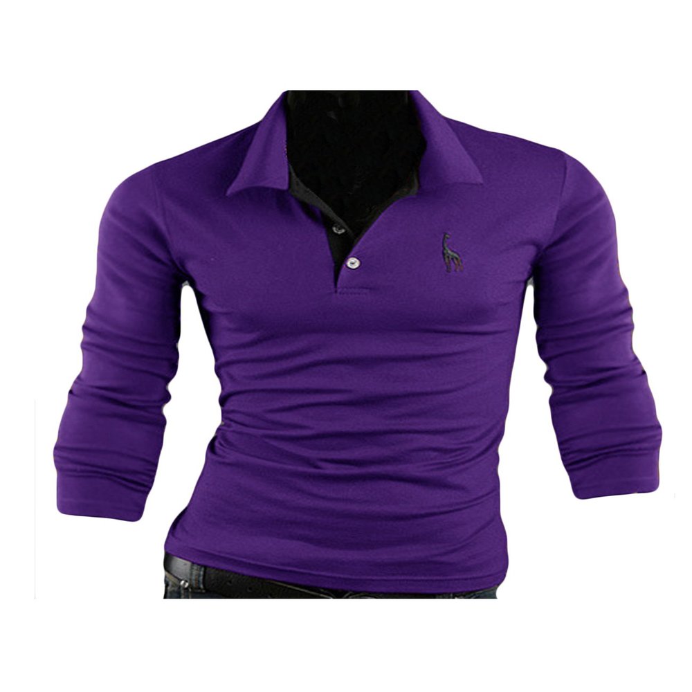 Jueshanzj Mens Polo Cotton Button Long Sleeve T-Shirts Purple Large