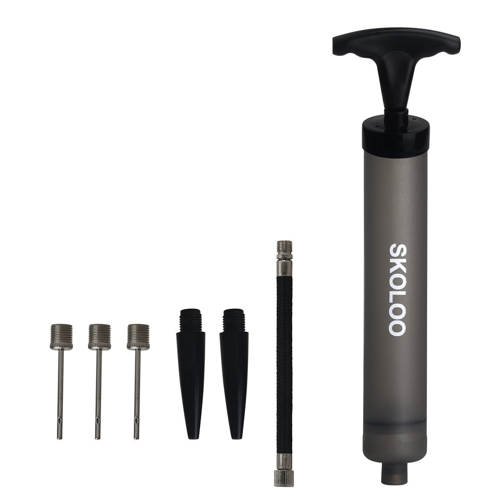 Skoloo 10" Portable Hand Air Ball Pump Inflator Kit with Needle, Nozzle, Extension Hose for Soccer Basketball Football Volleyball Water Polo Rugby Exercise Sports Ball Balloon Swim Inflatables, Grey