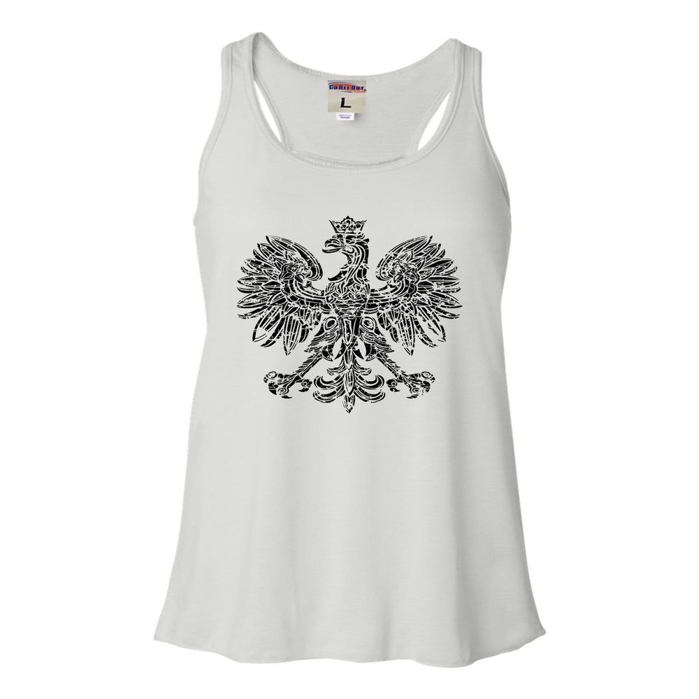 Go All Out Large White Womens Polska Eagle Polish Pride Poland Flowy Racerback Tank Top T-Shirt