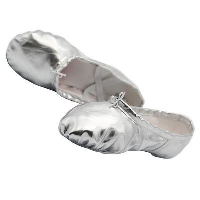 missfiona Womens PU Leather Ballet Slippers Dance Shoes Split Sole Belly Flat Adult Dance Trainers(8, Silver)