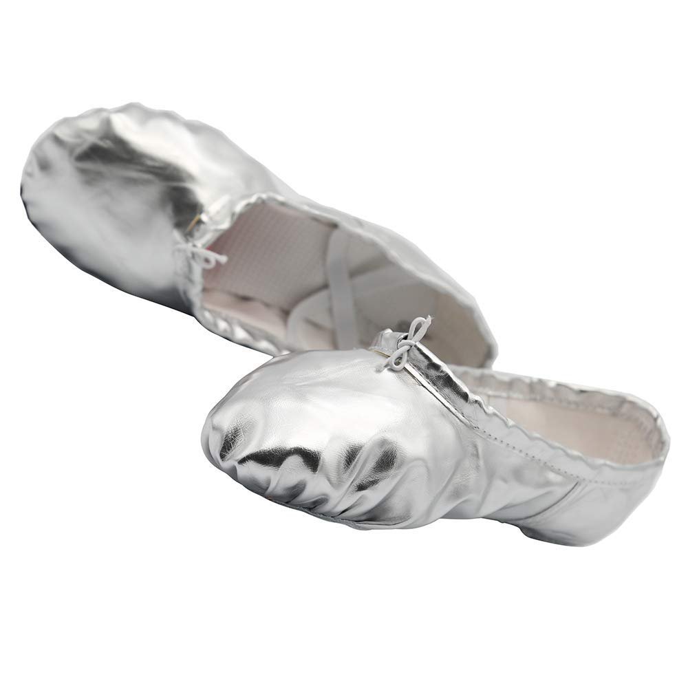 missfiona Womens PU Leather Ballet Slippers Dance Shoes Split Sole Belly Flat Adult Dance Trainers(8, Silver)