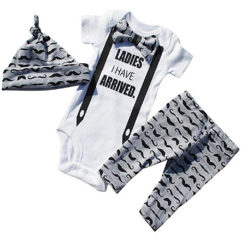 Babies boy and Girls 3pc Set - Mustache, Deer, Zebra Print - Onesie, Leggings, hat, Suspenders, Bowtie
