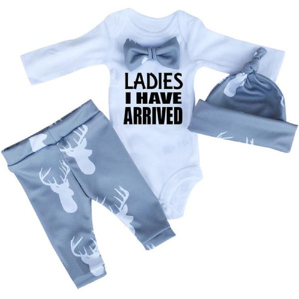 Babies boy and Girls 3pc Set - Mustache, Deer, Zebra Print - Onesie, Leggings, hat, Suspenders, Bowtie