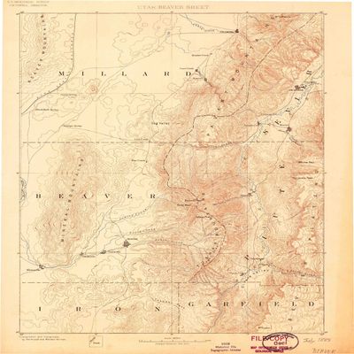 YellowMaps Beaver UT topo map, 1:250000 Scale, 1 X 1 Degree, Historical, 1885, 19.4 x 16.1 in - Tyvek