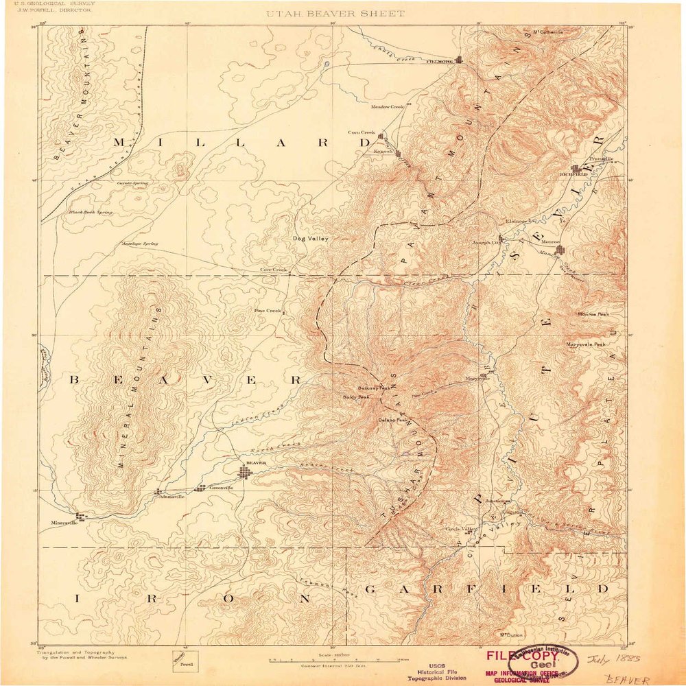 YellowMaps Beaver UT topo map, 1:250000 Scale, 1 X 1 Degree, Historical, 1885, 19.4 x 16.1 in - Tyvek