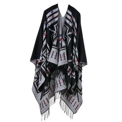 Bakerdani Women's Fashion Retro Style Vintage Pattern Tassel Poncho Shawl Cape