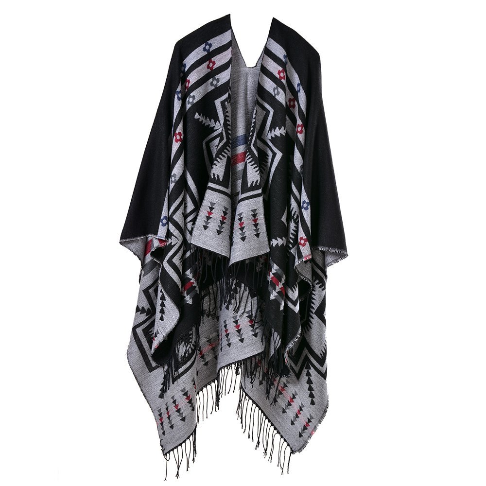 Bakerdani Women's Fashion Retro Style Vintage Pattern Tassel Poncho Shawl Cape