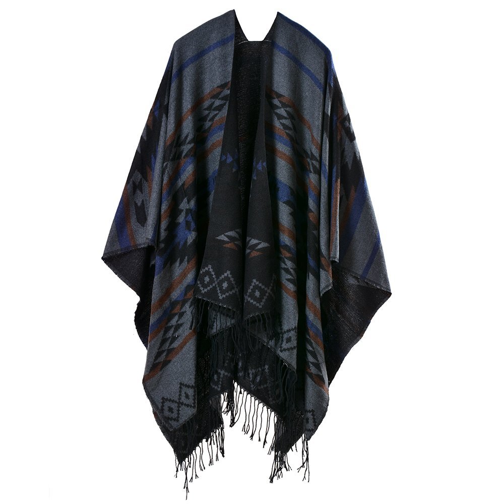 Bakerdani Women's Print Wool Pashmina Shawl Blanket Cape Poncho Sweater