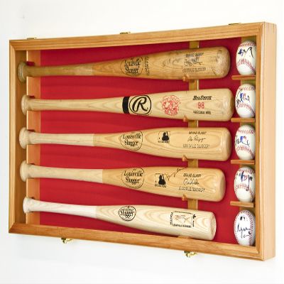 sfDisplay.com,LLC. 5 Baseball Bat Display Case Cabinet Holder Wall Rack Custom Options 98% UV - Lockable (Oak Wood Finish, Red Felt - Horizontal Mounting)
