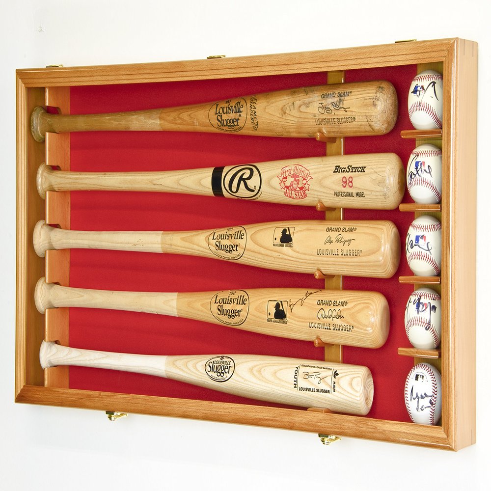 sfDisplay.com,LLC. 5 Baseball Bat Display Case Cabinet Holder Wall Rack Custom Options 98% UV - Lockable (Oak Wood Finish, Red Felt - Horizontal Mounting)