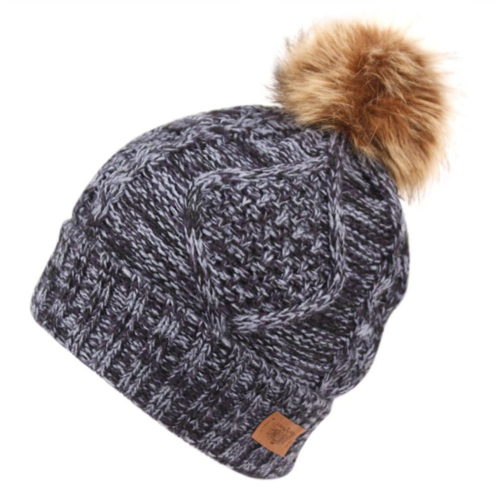 ANGELA & WILLIAM Women's Knit Beanie with Faux Fur Pom Pom and Fleece Lining (Multi Navy)