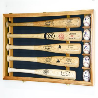 sfDisplay.com,LLC. 5 Baseball Bat Display Case Cabinet Holder Wall Rack Custom Options 98% UV - Lockable (Oak Wood Finish, Black Felt - Horizontal Mounting)