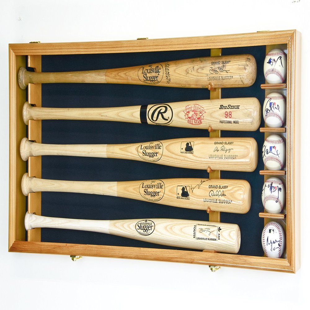 sfDisplay.com,LLC. 5 Baseball Bat Display Case Cabinet Holder Wall Rack Custom Options 98% UV - Lockable (Oak Wood Finish, Black Felt - Horizontal Mounting)