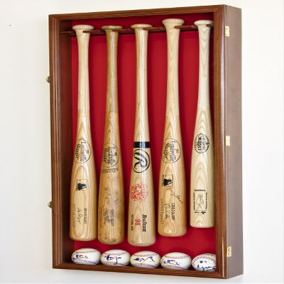 5 Baseball Bat Display Case Cabinet Holder Wall Rack Custom Options 98% UV - Lockable (Walnut Wood Finish, Red Felt - Verticle Mounting)