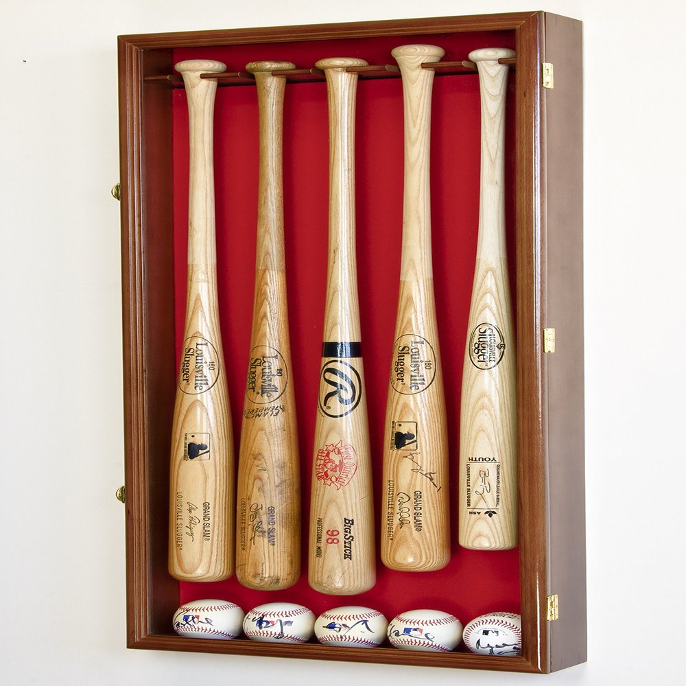 5 Baseball Bat Display Case Cabinet Holder Wall Rack Custom Options 98% UV - Lockable (Walnut Wood Finish, Red Felt - Verticle Mounting)